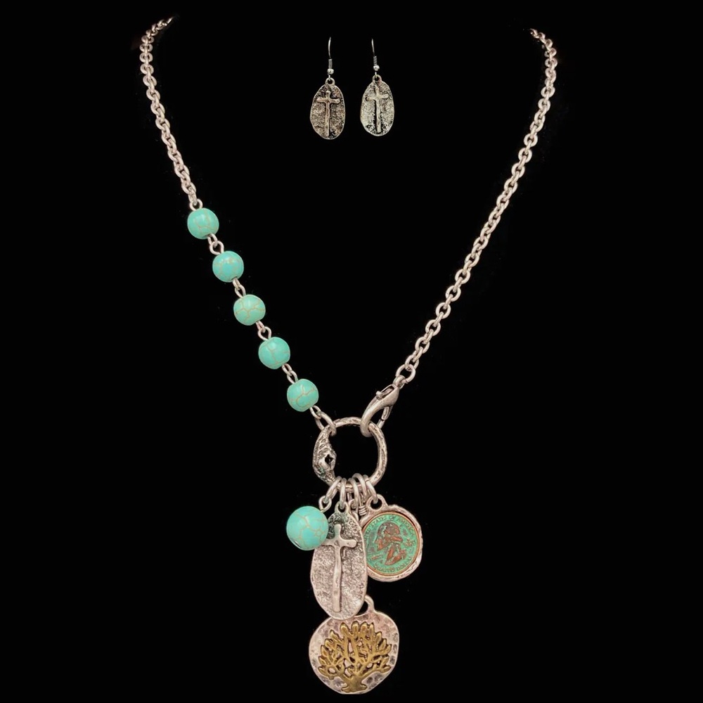 Western Cross Charms Turquoise Beads
Necklace Earring Set